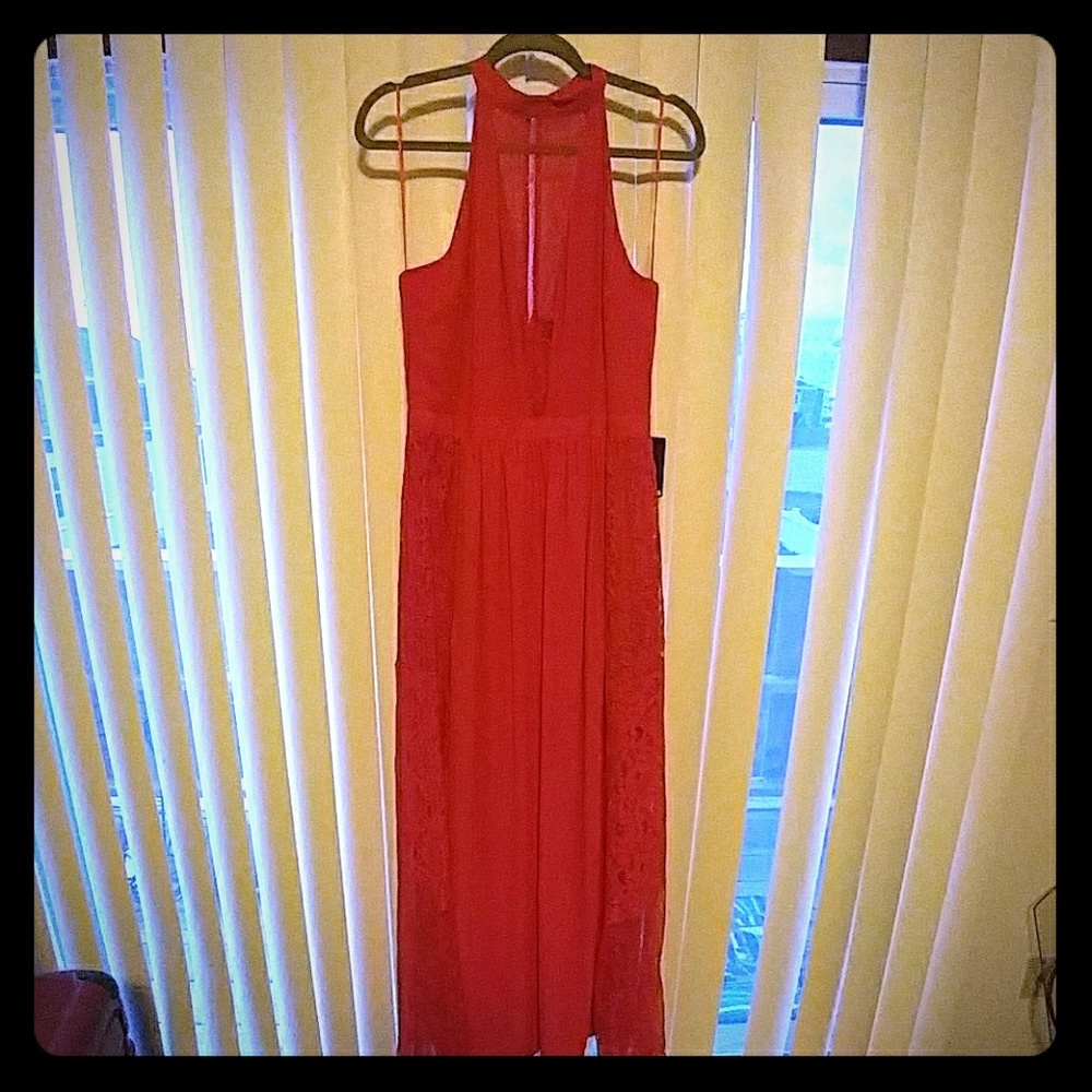 Express Red Maxi Dress with Lace Inserts